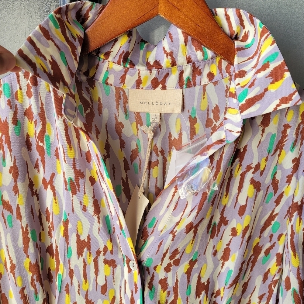 MELLODAY Puff Sleeve Satin Shirtdress Small Maxi Dress Button Down Purple Green - Picture 13 of 14